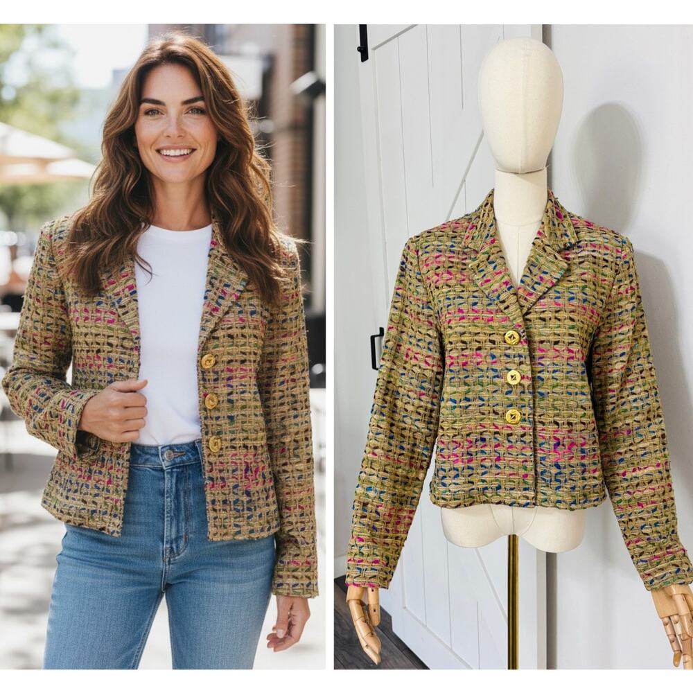 ANN MAY Women Size 4 100% SILK Woven Beige Multicolor Blazer Jacket Gold Buttons